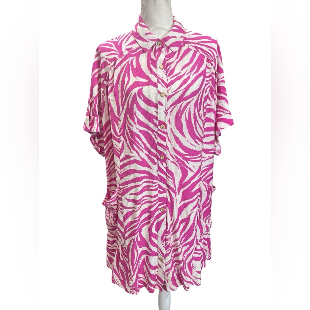 Umgee Pink Zebra Print Shirt Dress Oversized Button Front Mini Dress Small NWT - Picture 2 of 9